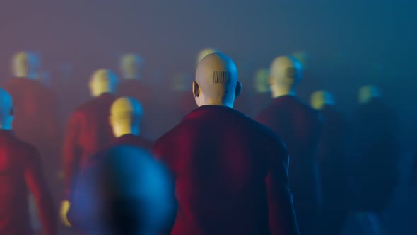 A bald man with a barcode tattoo on the back of his head walking in the crowd. alt