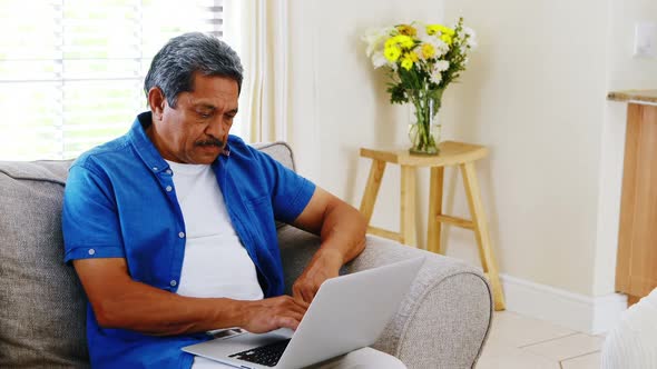 Senior man using laptop in living room 4k alt