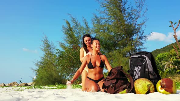 Girls look beautiful on perfect tourist beach trip by turquoise sea with white sand background of Ko alt