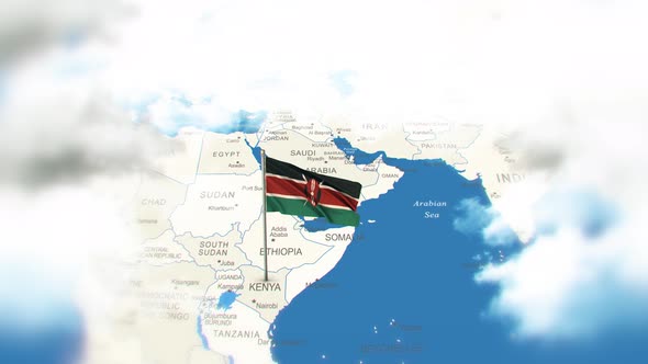 Kenya Map And Flag With Clouds