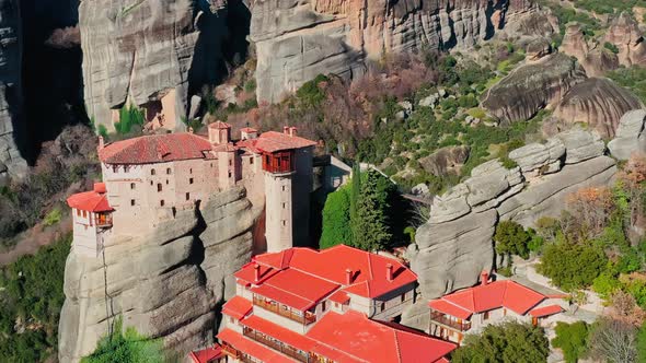 Aerial View of Monastery Rousanou and Varlaam Breathtaking Picturesque Valley and Landmark Canyon of alt