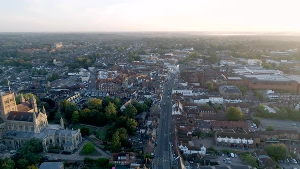 Sunrise Aerial View of the City of St Albans and its Cathedral in England alt