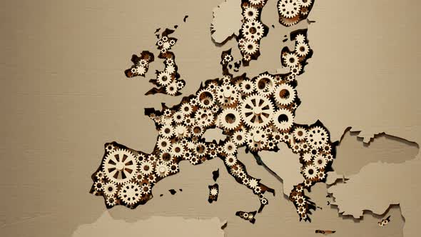 European Union map created with spinning wooden gears. Economic cooperation alt