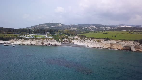 Aerial View of South Shore of Cyprus in Cloudy Day in Summer, Over Sea Surface