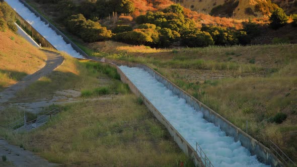 Aerial shot of some of the aqueducts that helps supply water to Los Angeles. alt