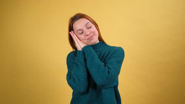 Young Red Hair Woman Posing Isolated on Yellow Color Background Studio alt