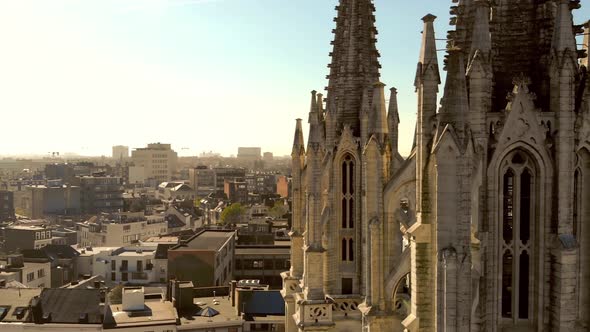 Fly-through Antwerp Saint George's church Towers Revealing cityscape, Belgium alt