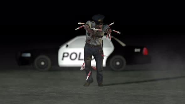 Zombie Cop Filled with Syringes and a Police Car in the Back
