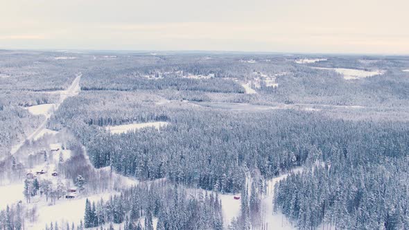 Wide panoramic dolly zoom aerial of vast Scandinavian snowy landscape alt