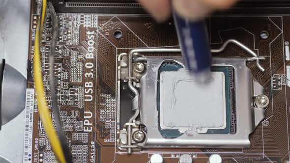 Technician Squeeze a Thermal Compound Onto a Desktop Computer Processor alt