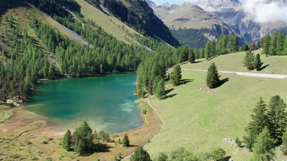 Aerial View Mountain Valley with Alpine Palpuogna Lake in Albulapass Swiss Alps alt