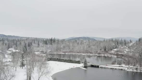 Snow Covered City Of Bellingham Washington Lake Whatcom Aerial Reveal Of Downtown Overview alt