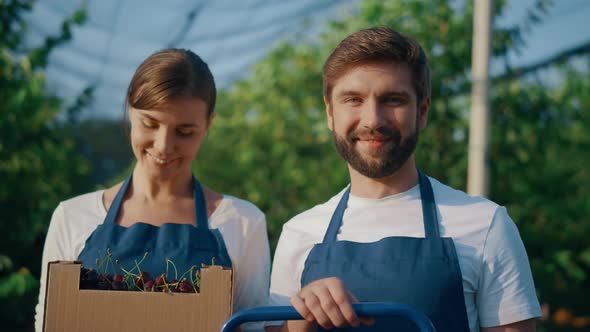 Business Farmers Couple Smiling Present Harvested Cherry Cultivation in Orchard alt