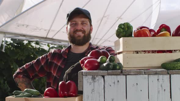 Optimistic Adult Gardener Standing Near Vegetables alt