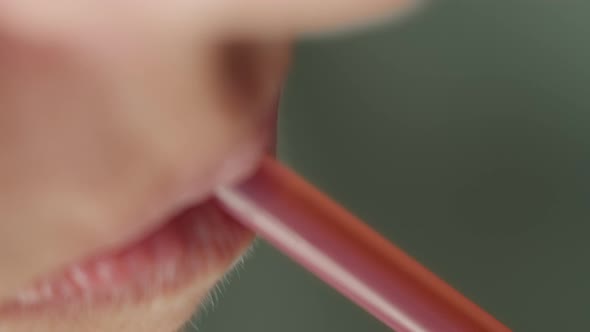 Woman Drinking Soda Straw Macro Shot Lips Closeup Rack Focus