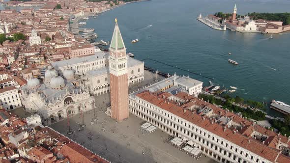 Drone flying over Piazza San Marco (St Mark Square) in Venice, Italy, Europe alt