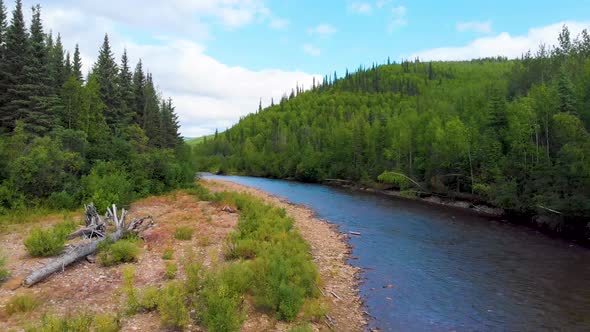 4K Drone Video (fast dolly shot,low elevation) of Chena River at Angel Rocks Trailhead near Chena Ho alt