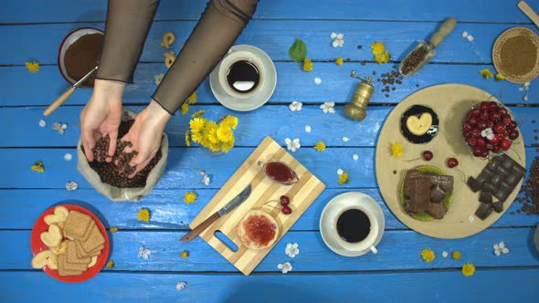 Coffee and Dessert on Blue Wooden Table