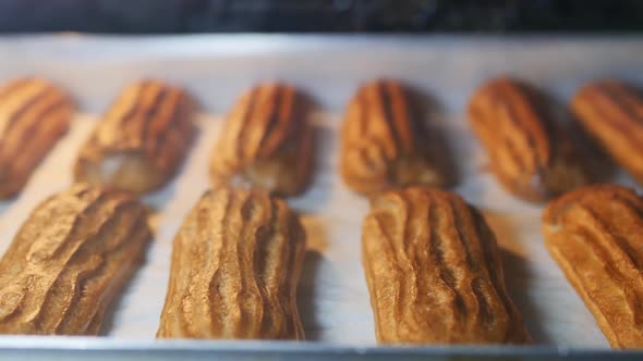 DOF Dolly Shot French Custard Eclairs Baked in the Oven Until Brown