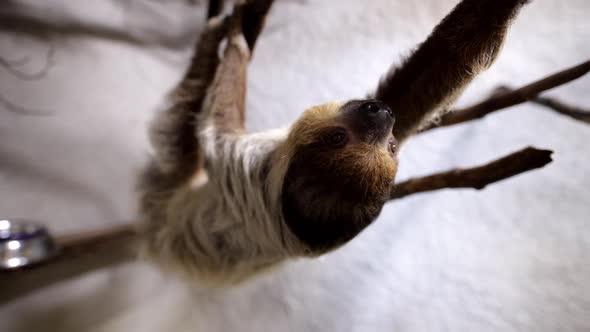 Two toed sloth climbing along branch slow motion alt