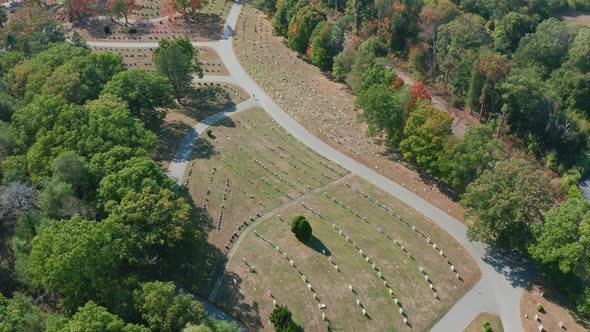 Aerial Drone Shot Flying Over Mt Feake Cemetery in Waltham Mass with Fall Colors