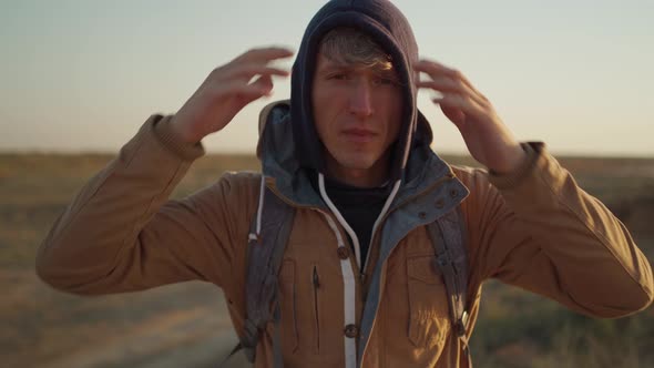 Slow Motion Close Up Portrait of Young Adult Woman Traveler Looking at Sunrise at Sea Beach alt