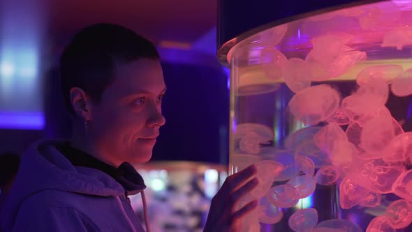 Woman watching at exotic jellyfish in an aquarium. Moon Jellyfish (Aurelia Aurita or Saucer Jelly)