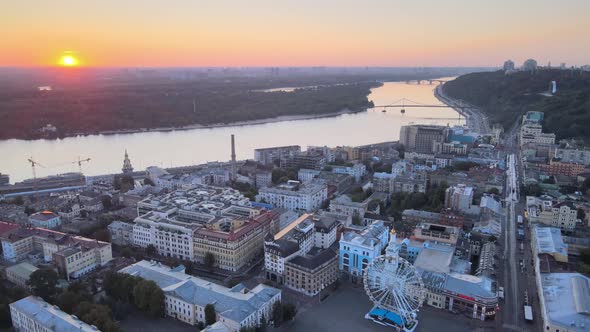Historical District of Kyiv - Podil in the Morning at Dawn. Ukraine. Aerial View alt