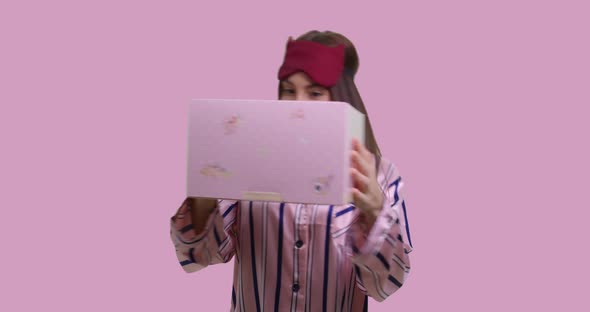 Woman Dressed in Pyjamas Received a Present, She Happy and Exciting Isolated alt