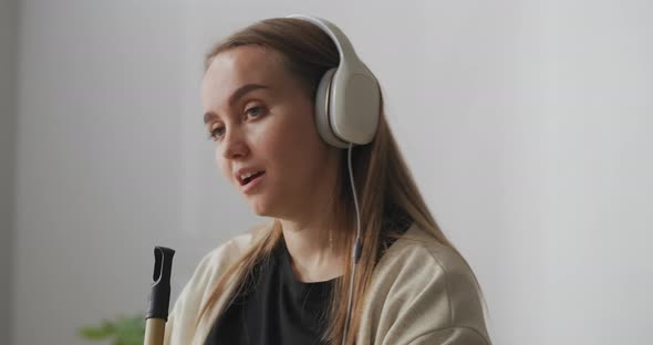 Pretty Young Housewife Is Singing Song To Mop and Listening To Music By Headphone Cleanup at Home alt