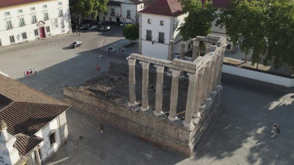 Remnants of the Temple of Diana in the centre of historic Évora, Alentejo. Aerial view