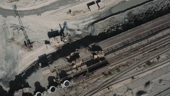 Aerial view; drone moving over the production sity of steel plant