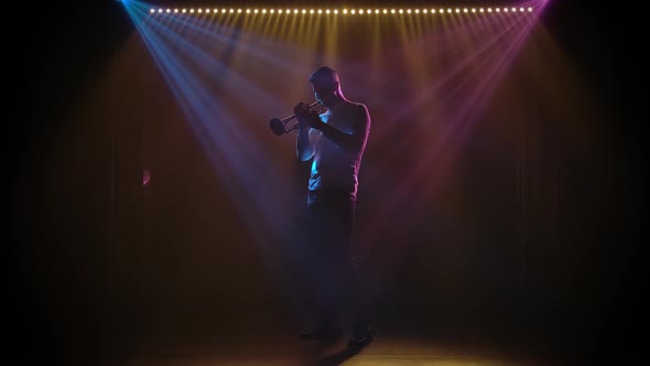 Jazz Trumpet Performance on a Dark Stage in the Spotlight. Silhouette. Slow Motion. alt