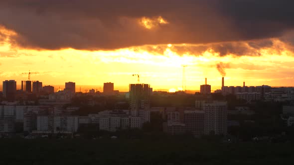 Amazing Sunset Over City Close Up on Modern Downtown Novosibirsk Skyline Buildings
