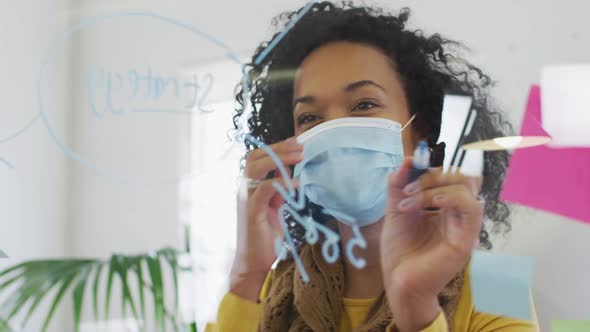 Woman wearing face mask writing on glass board on her desk at office alt