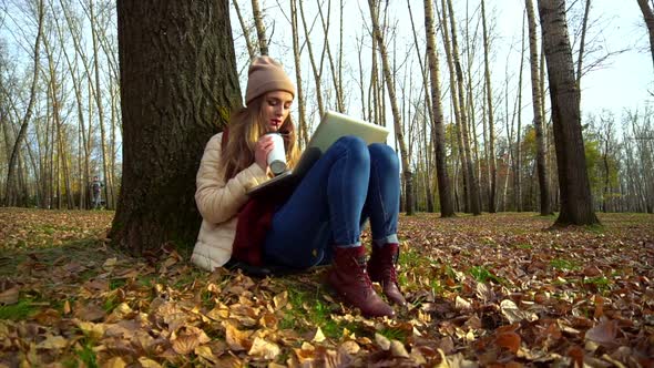 Attractive Young Girl in an Autumn Park Under a Tree, Sitting on the Ground, Working in a Laptop