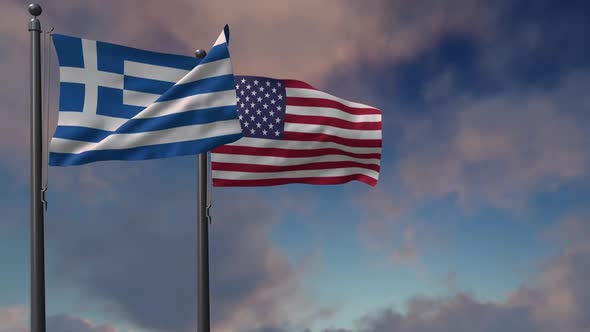 Greece Flag Waving Along With The National Flag Of The USA - 2K alt