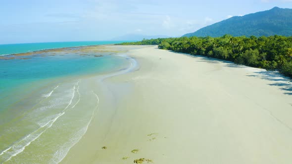 Aerial, Gorgeous Sand Beach And Rain Forest  At Cape Tribulation In Queensland, Australia