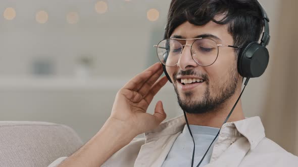 Portrait Happy Cheerful Guy Arabic Man Millennial Close Up Male with Glasses and Headphones alt