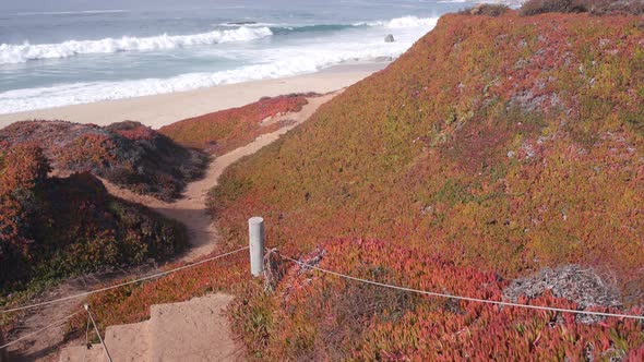 Big Pacific Ocean Waves Crashing Empty Beach California Coast Sea and Stairs