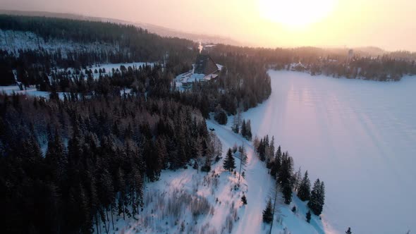 Wintry Scenery And Freezing Atmosphere During Sunset Within Bacúch Community In Slovakia. Aerial alt
