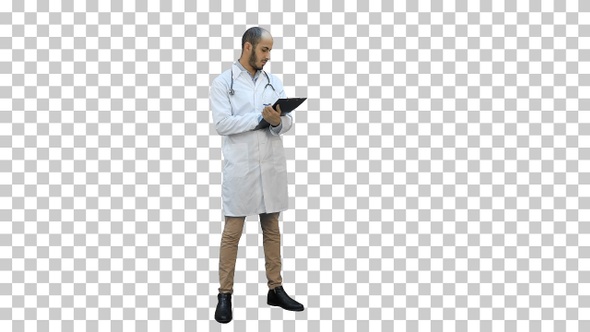 Male doctor wearing white coat filling, Alpha Channel