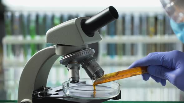 Food Technology Engineer Observing Palm Oil Under Microscope, Checking Quality alt