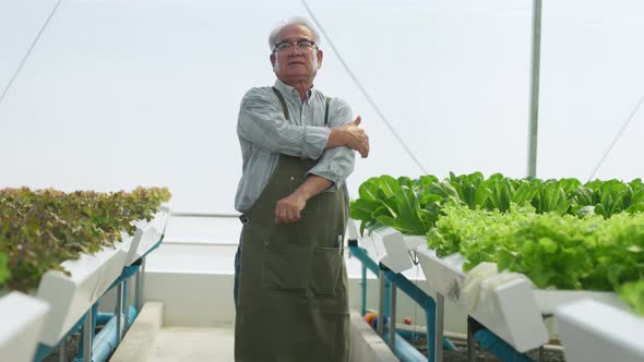 old asian man elder farmer feel exhausted and muscle pain from working hard in green house