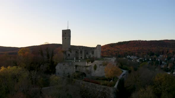 Drone Flight Towards a Castle In Germany with Autumn Forest November Mood