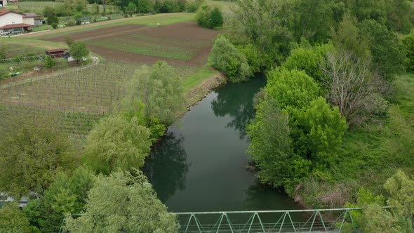 The river bank with trees, grass, small hills, houses and vine trees around in the spring. Vipava ri alt