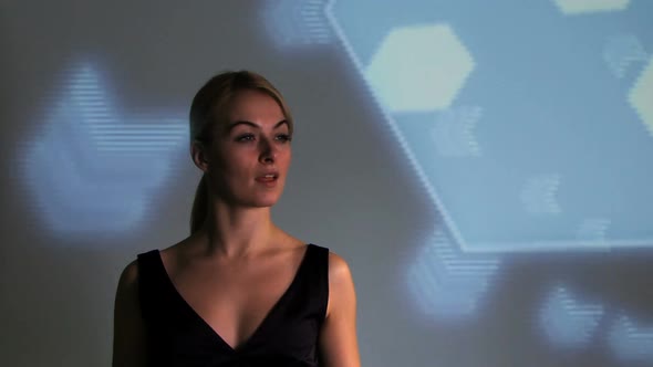 Female touching touch screen wall, Mid Shot, locked shot, CGI alt