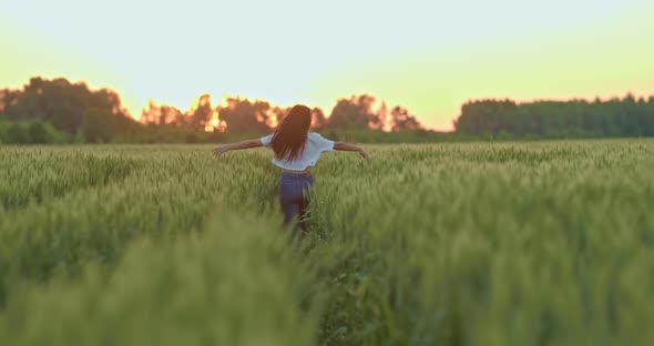 Carefree Brunette Woman is Running on Beautiful Field in Sunset Rear View  Prores alt