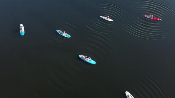 Sports on a Supboard on the River at a Distance From People