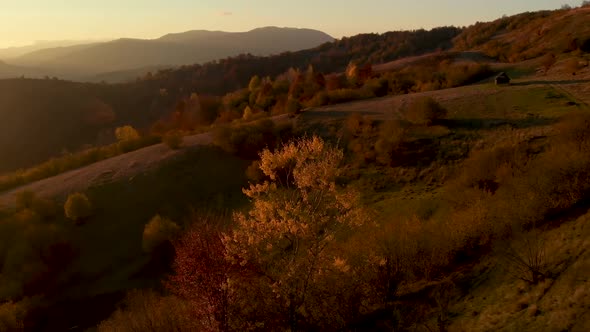 Aerial Reveal Shot of Mountain Valley Illuminated by Soft Sunlight in Autumn